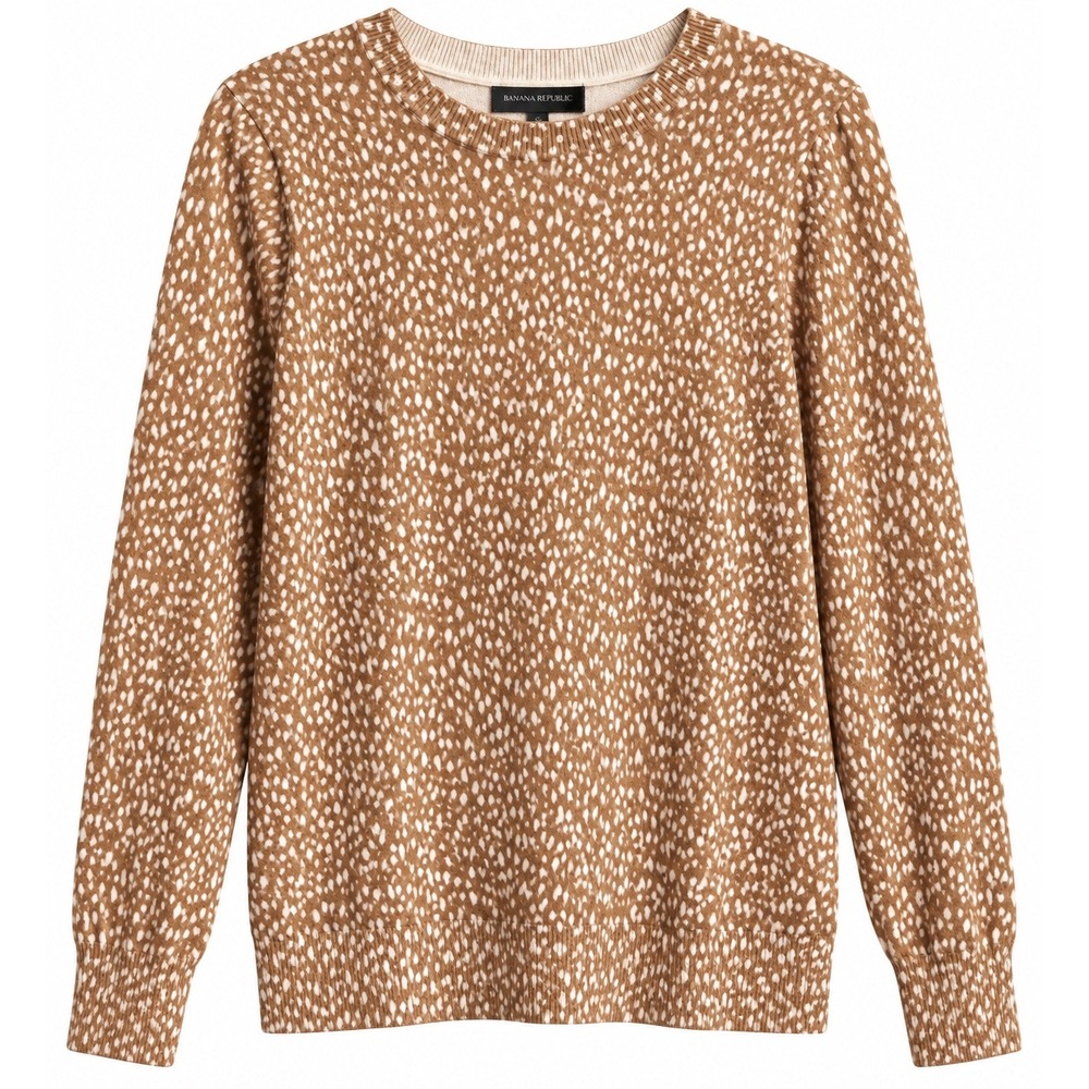 NWOT Banana Republic Sweater Large Tan Cream Animal Print Cotton Crewneck